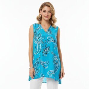 Dana Buchman Blue Silky Tunic Size Large Keyhole Neckline Asymmetric Hemline